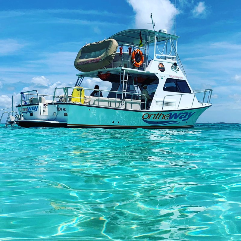 a blue and white boat sitting next to a body of water